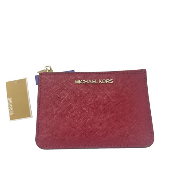 NWT Michael Kors Jet Set Travel Scarlet Leather Coinpouch Wallet Gold Accents - Picture 2 of 12